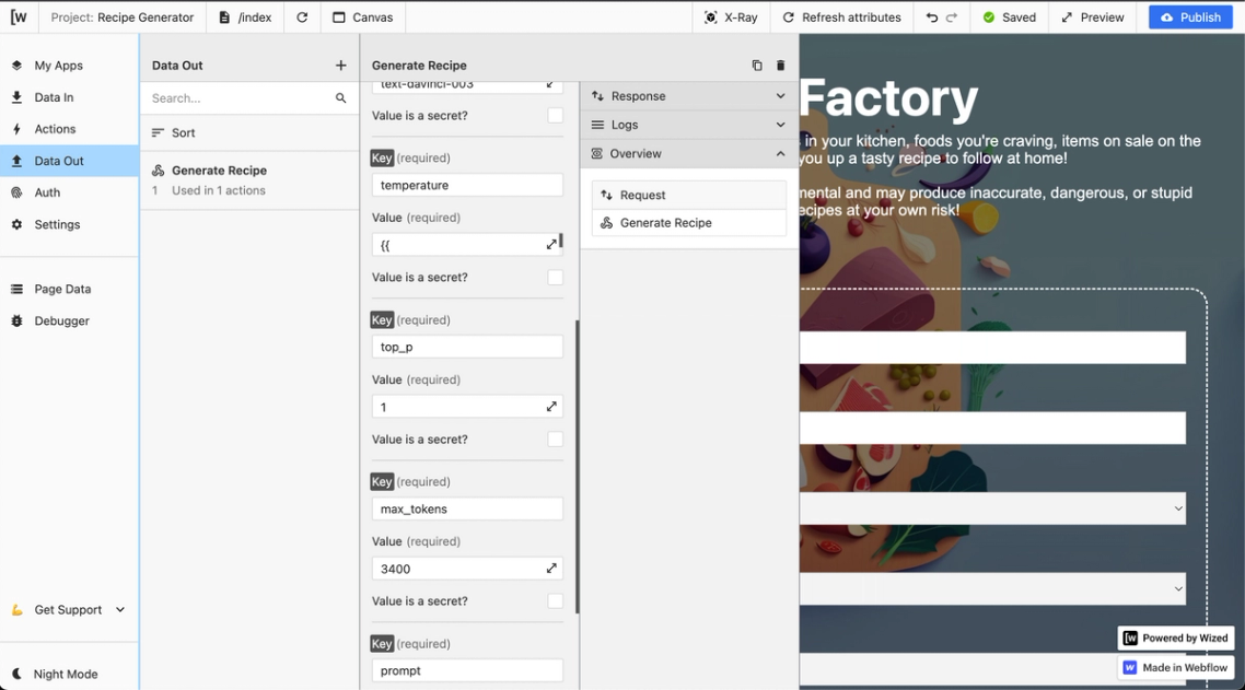 A screenshot of Wized, a request builder for making web apps with Webflow