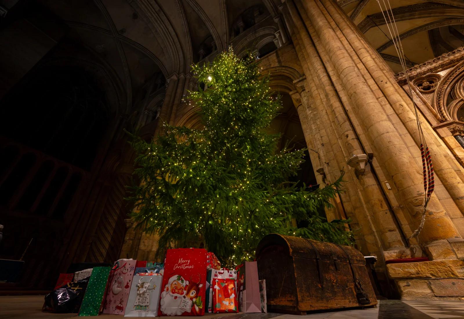 A lit Christmas tree surrounded by wrapped presents and a wooden chest inside a cathedral, with tall stone columns and vaulted arches behind it.