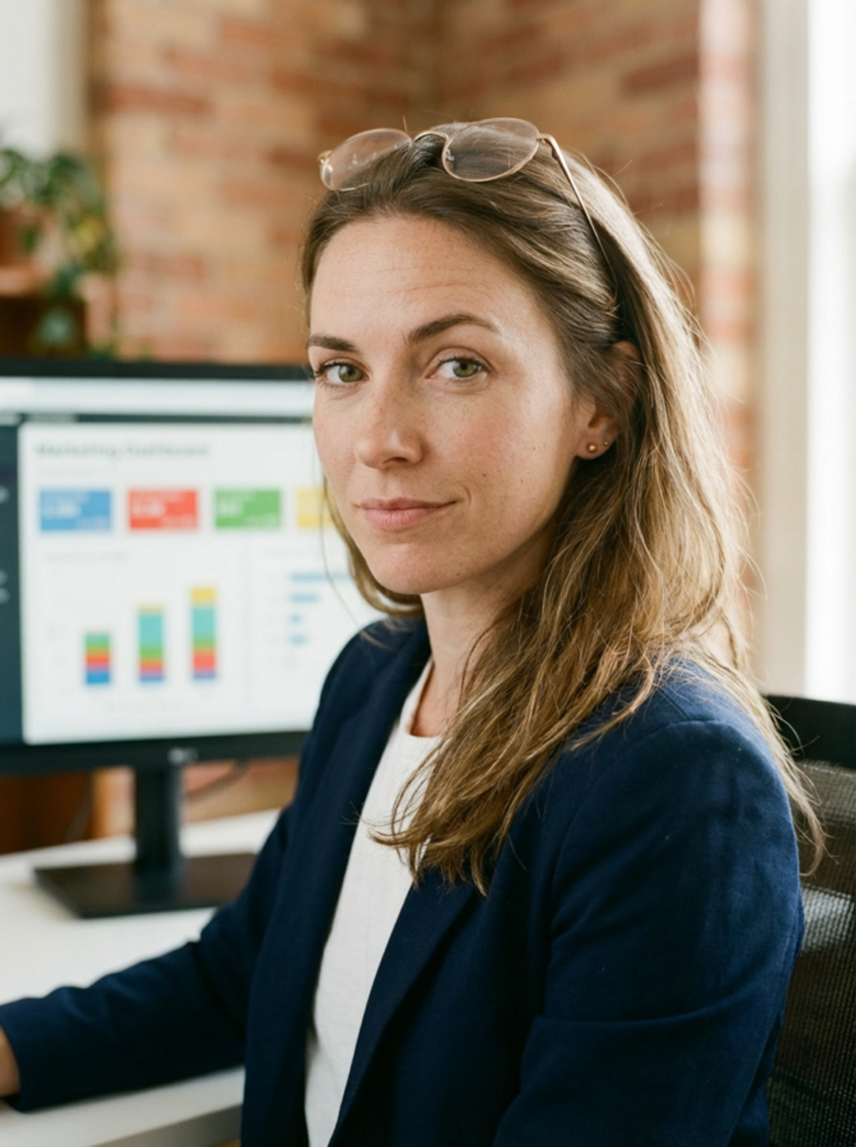 Rendu Higgsfield du même avatar Jessica dans une scène d'autorité au bureau, même visage, même identité.