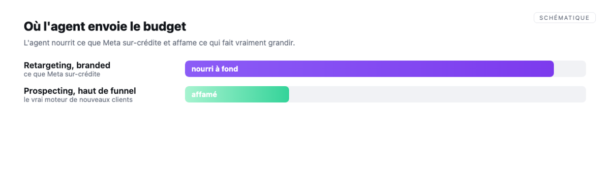 Ou l'agent envoie le budget : il nourrit ce que Meta sur-credite (retargeting, branded) et affame le vrai haut de funnel.