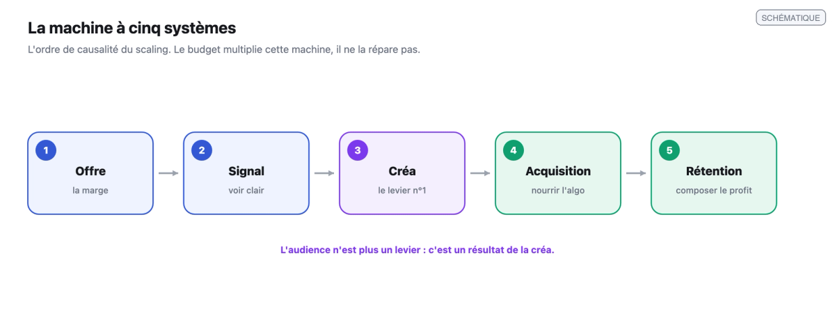 Chaine horizontale des cinq systemes du scaling dans l'ordre de causalite : offre, signal, creation publicitaire, acquisition, retention, relies par des fleches.