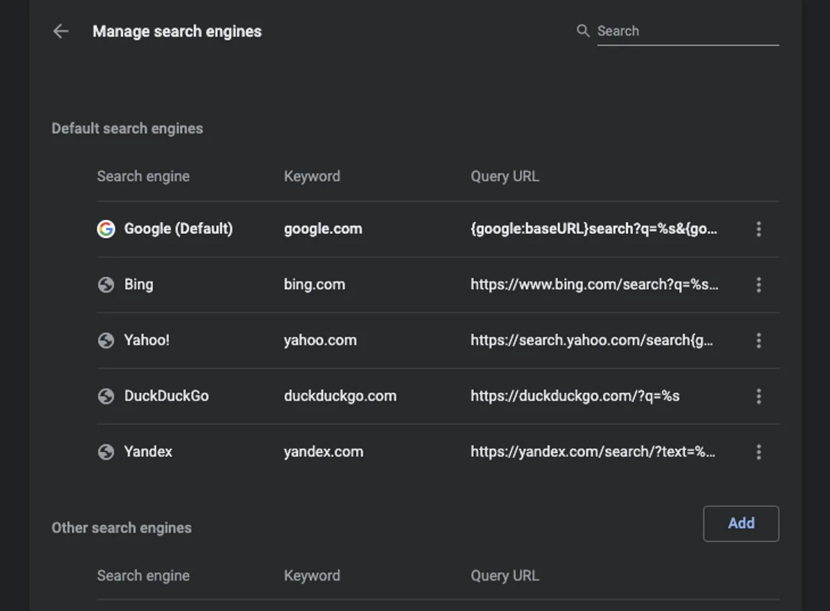 Chrome search engines settings