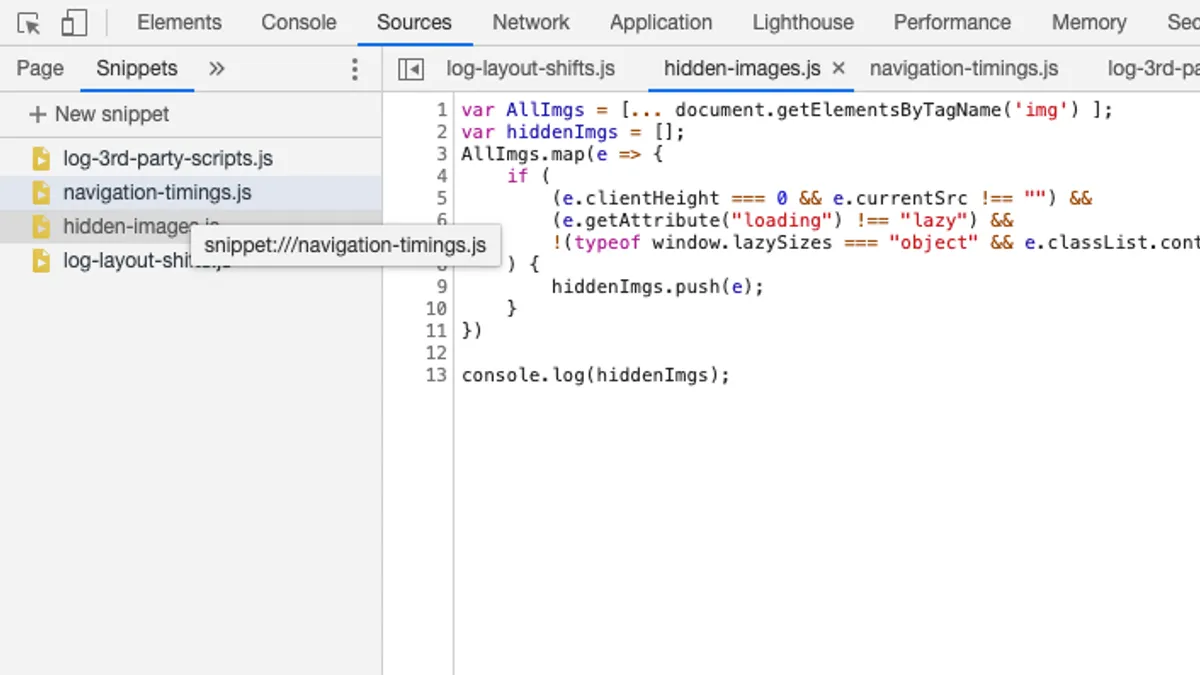 Screenshot of Snippets tab within Chrome DevTools