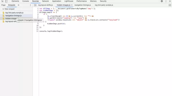 Screenshot of Snippets tab within Chrome DevTools