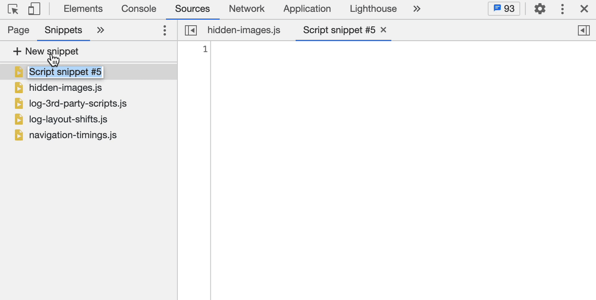 Creating a new snippet inside Chrome DevTools and adding a one-line example code