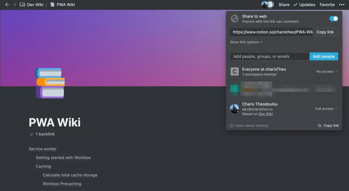PWA Wiki Notion page with sharing options