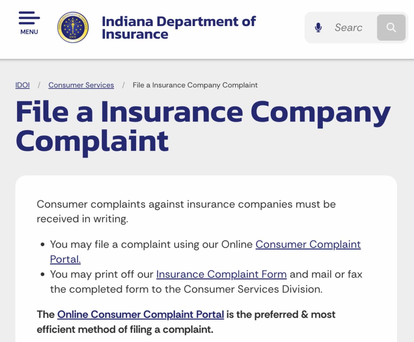 Indiana Department of Insurance webpage on filing complaints against insurance companies, with links to an online portal and printable form