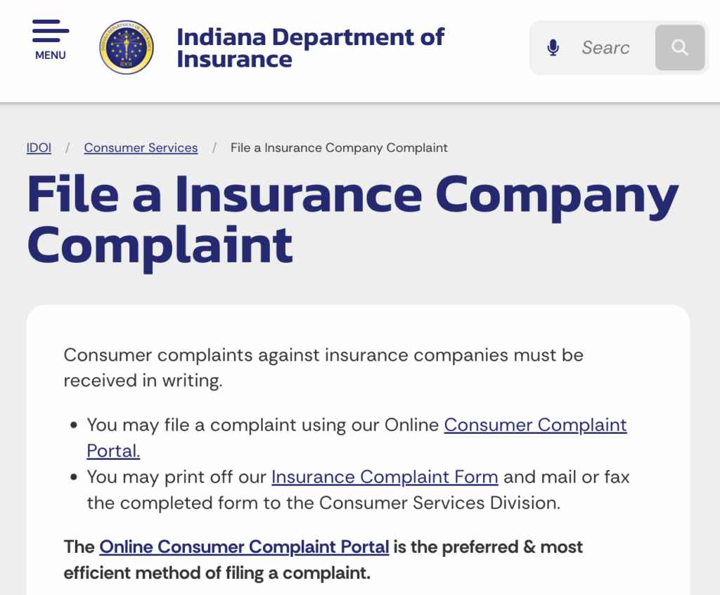 Indiana Department of Insurance webpage on filing complaints against insurance companies, with links to an online portal and printable form