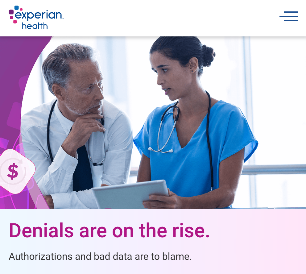 Experian Health graphic showing two healthcare professionals discussing a document. Text reads 'Denials are on the rise. Authorizations and bad data are to blame.
