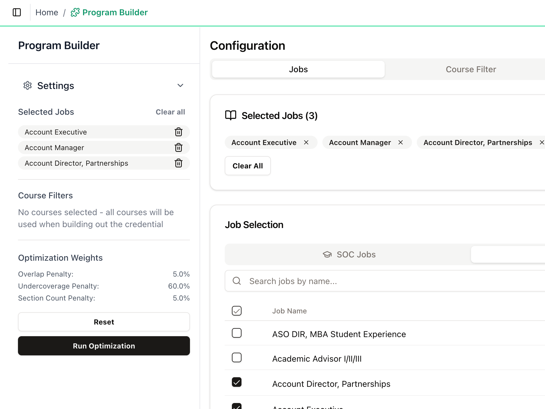 Showing job selection and optimization configuration