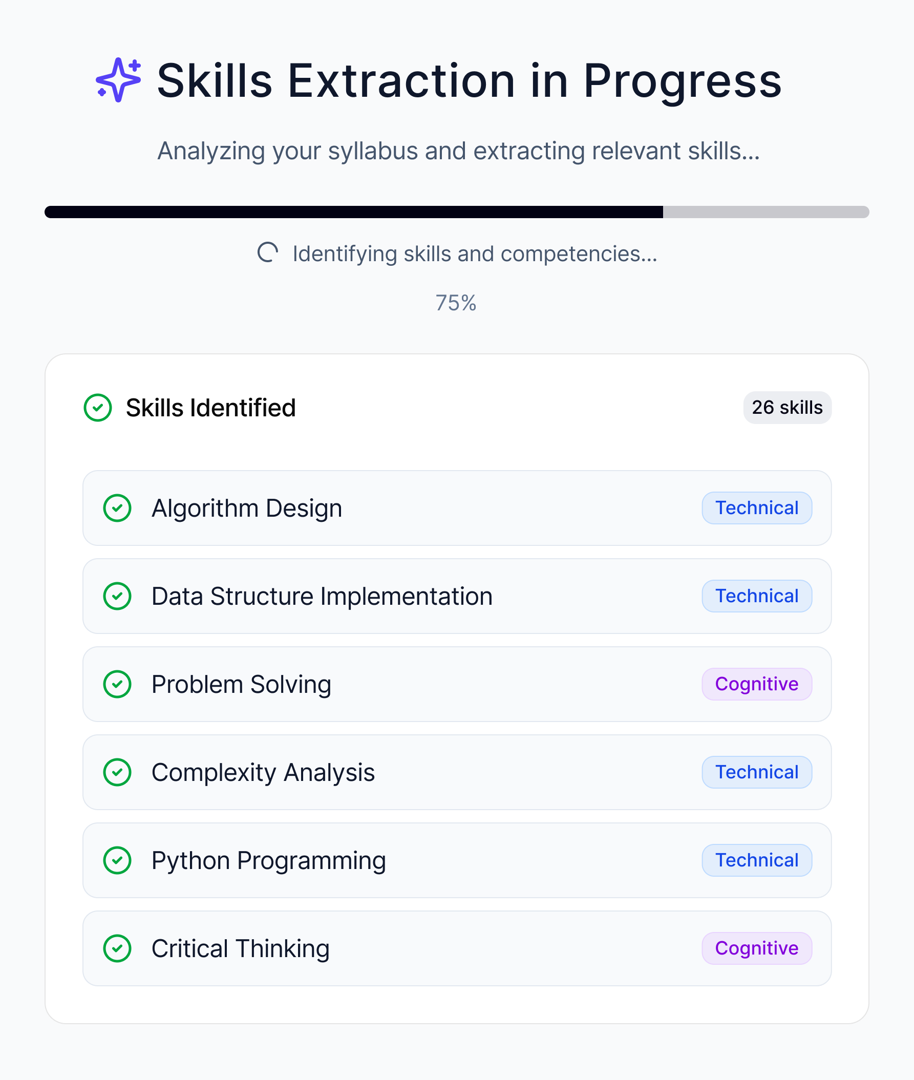 Syllabus skills extraction in progress, showing the skills identified so far