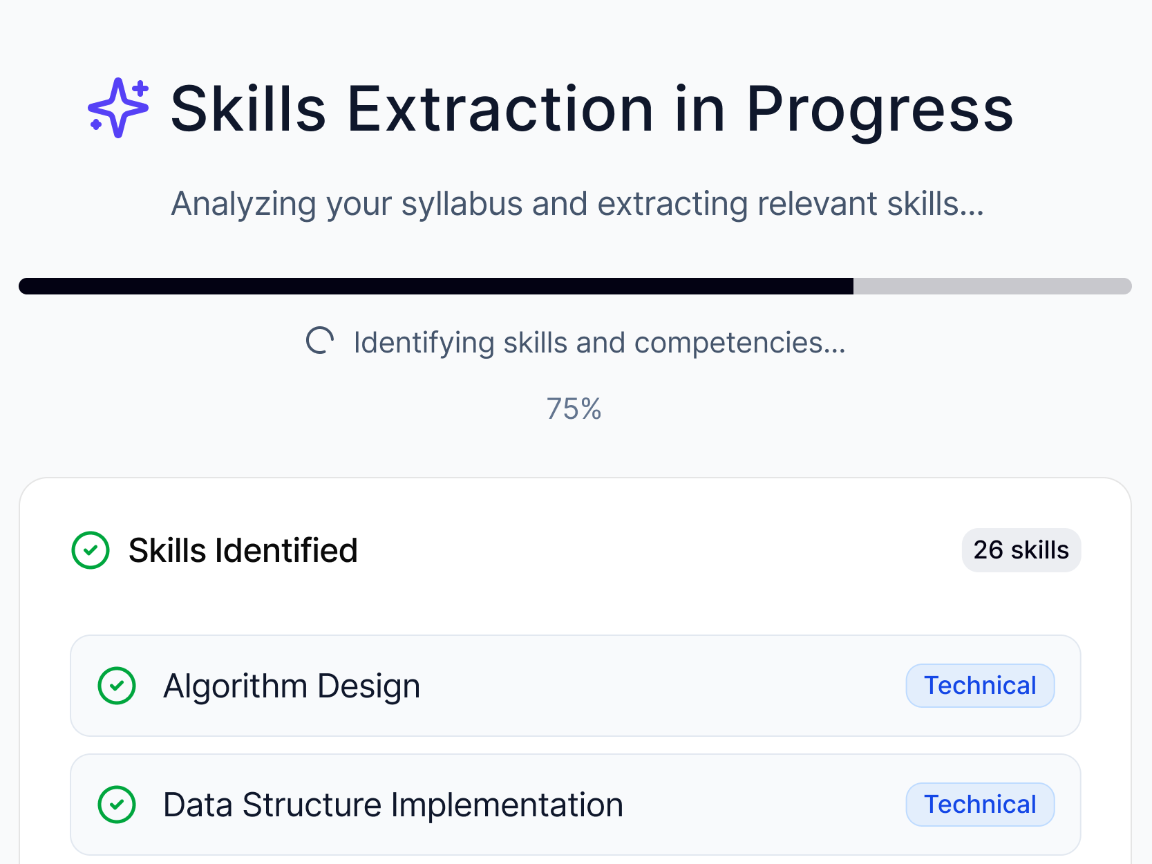 Syllabus skills extraction in progress, showing the skills identified so far