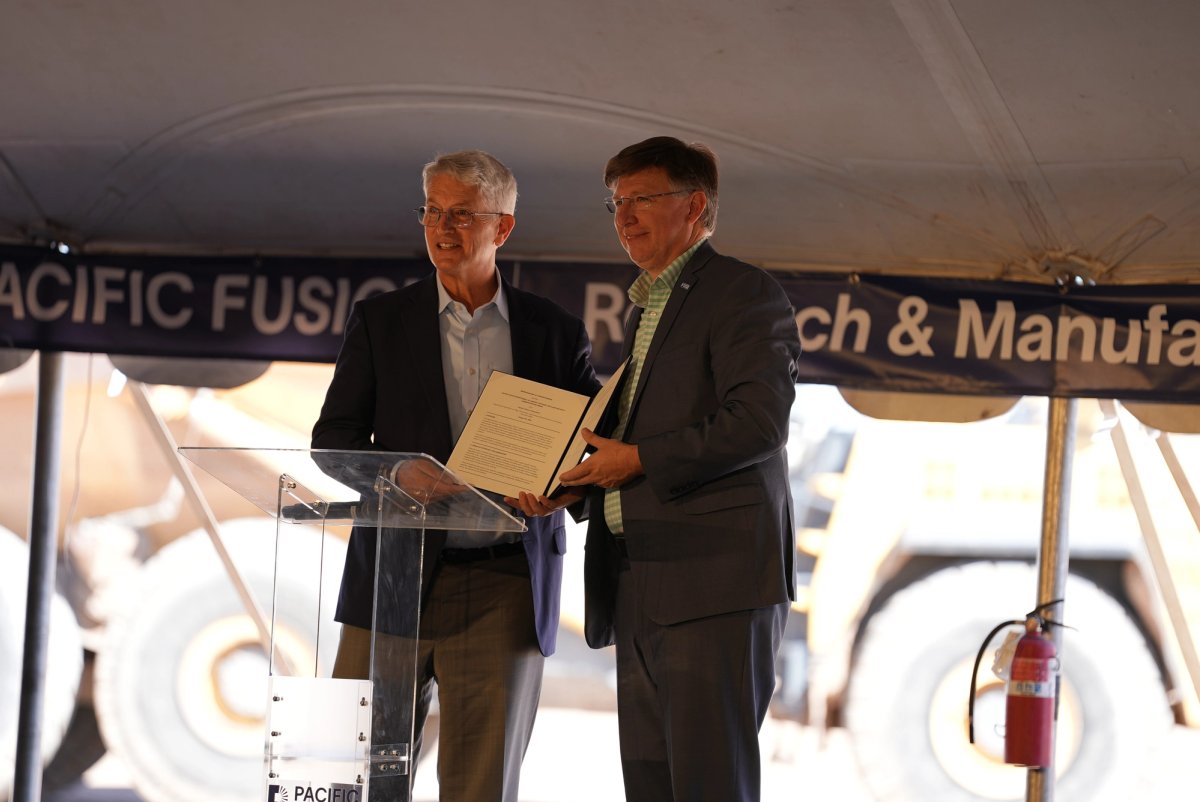 National Nuclear Security Administration (NNSA) Administrator Brandon Williams and Pacific Fusion Co-Founder and CTO Keith LeChien sign a memorandum of understanding between NNSA and Pacific Fusion on August 25, 2026.