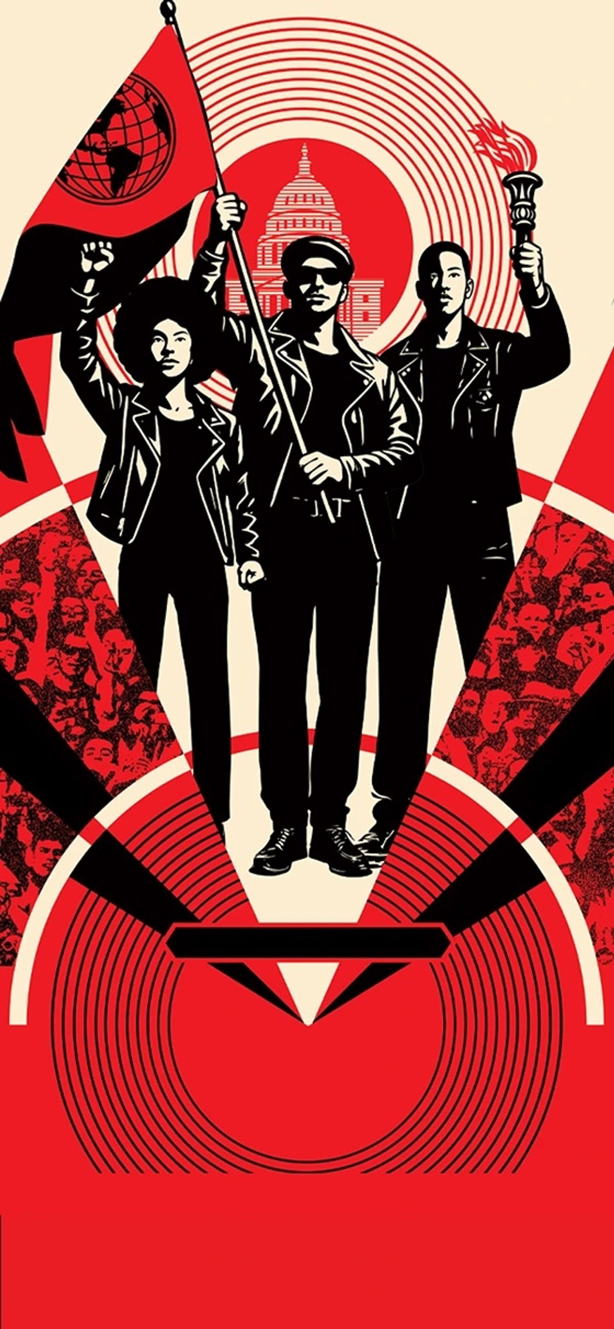 Cartaz vermelho do Power to the People com figuras de músicos e uma guitarra.