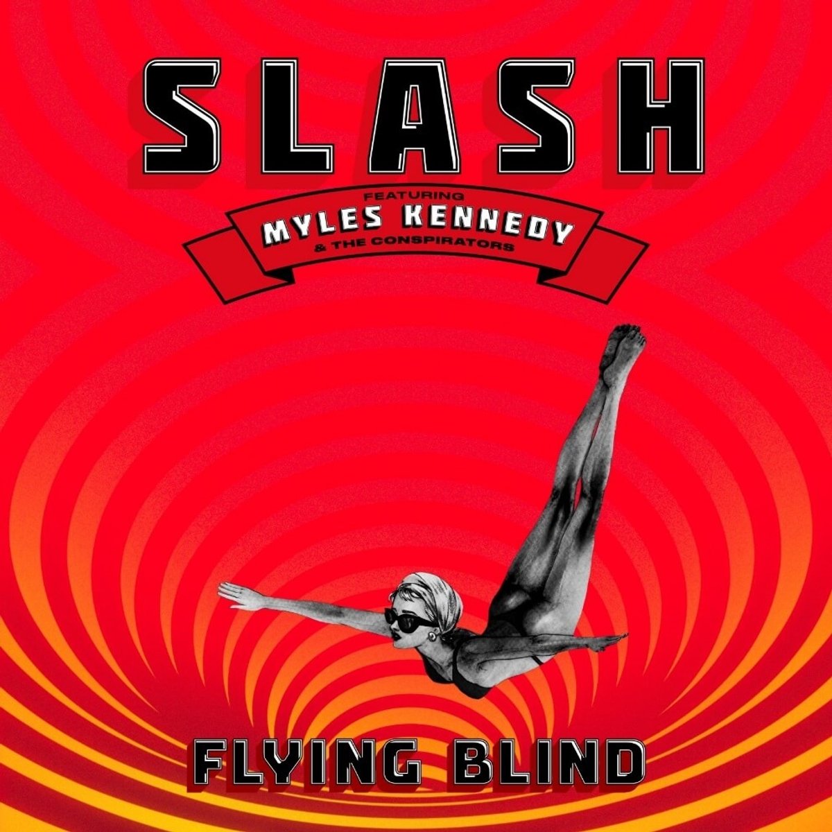 Capa vermelha de “Flying Blind”, com uma figura mergulhando e o nome de Slash.