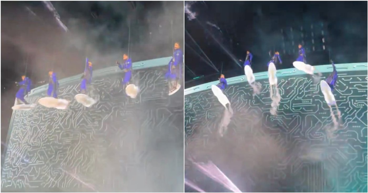 Dois registros dos Backstreet Boys em pranchas suspensas sobre o palco.