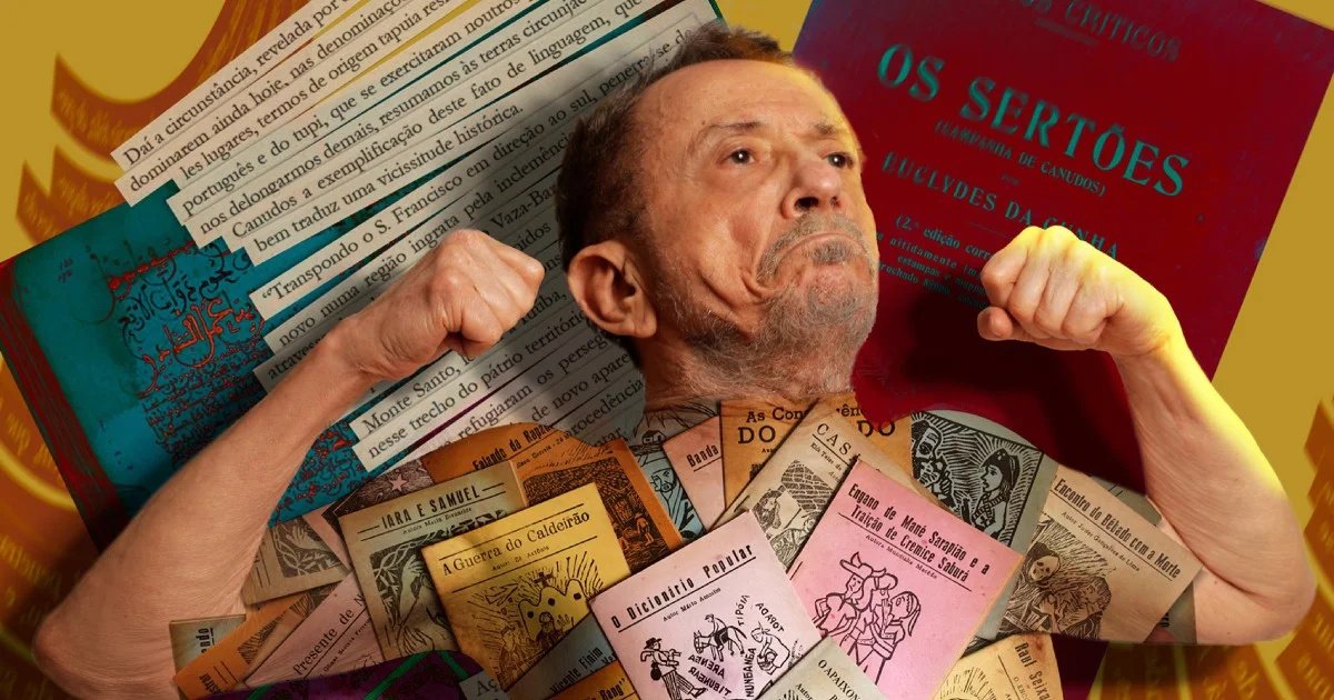 Tom Zé em fotografia de Fernando Laszlo, diante de livros