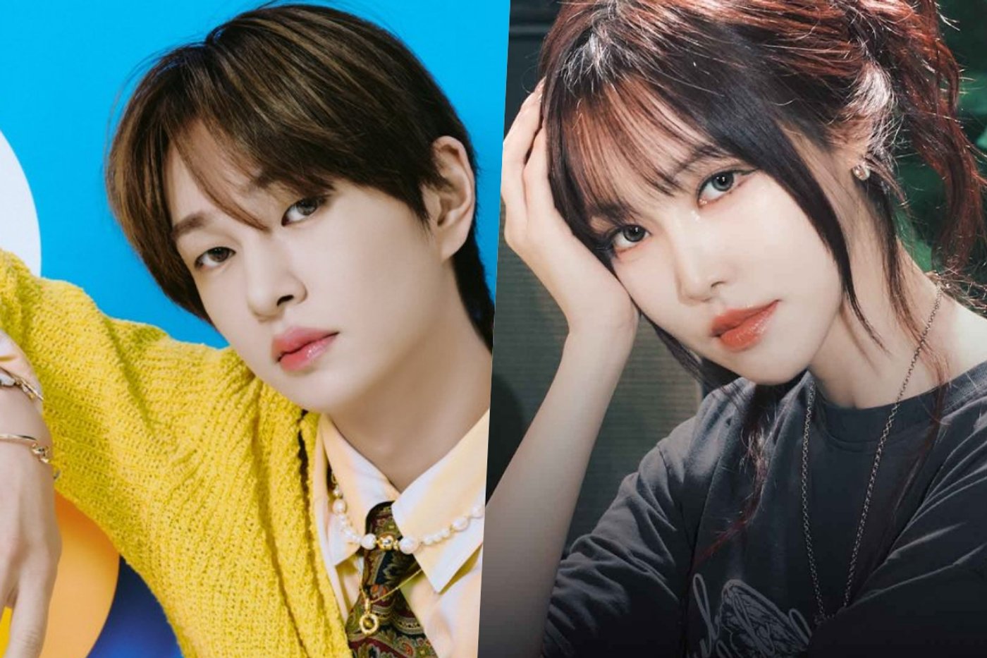 Retratos de Onew e Yuju apresentados lado a lado.