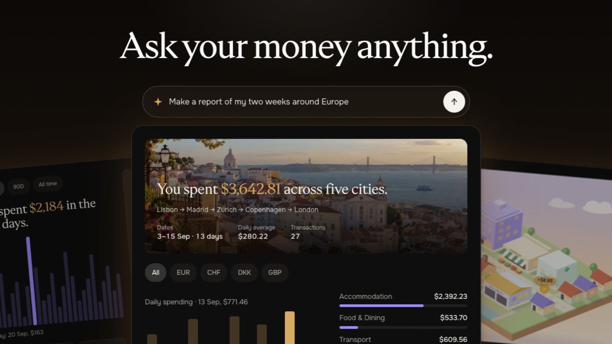 The question “Make a report of my two weeks around Europe” above an AI-built trip report showing $3,642.81 spent across five cities
