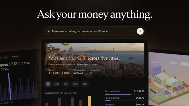 The question “Make a report of my two weeks around Europe” above an AI-built trip report showing $3,642.81 spent across five cities