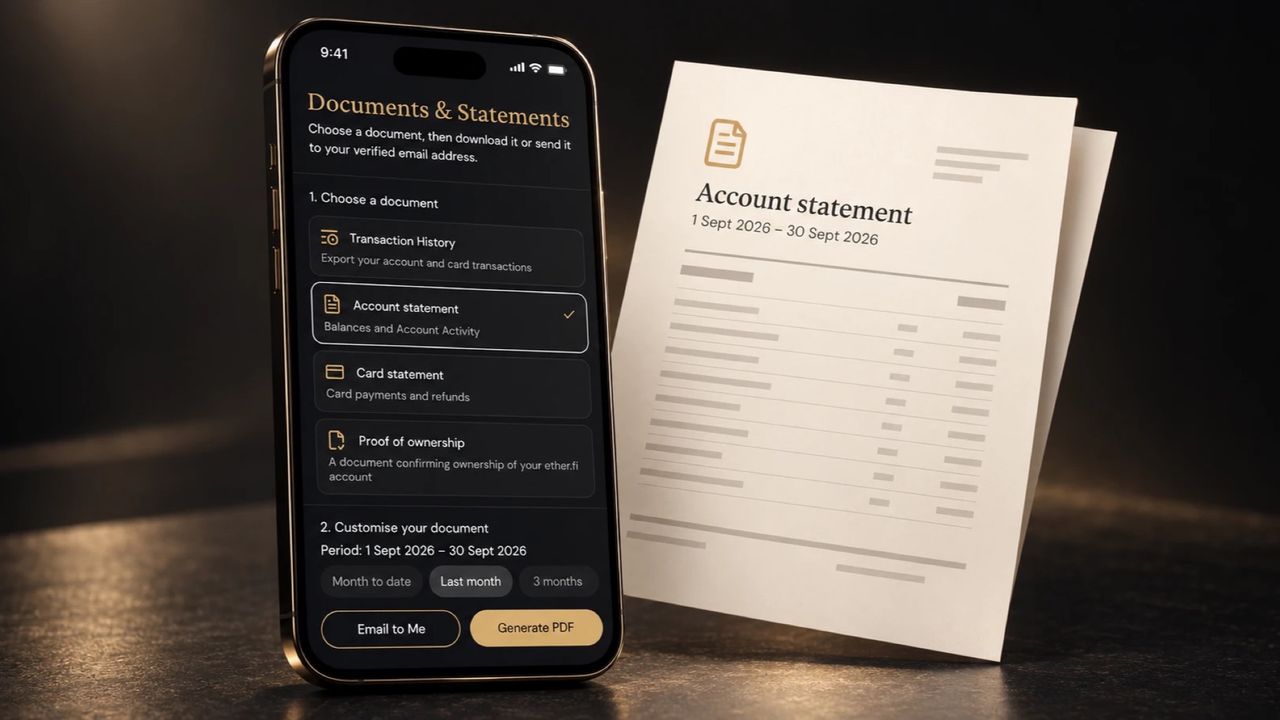 Phone showing the ether.fi Documents & Statements screen next to a printed account statement