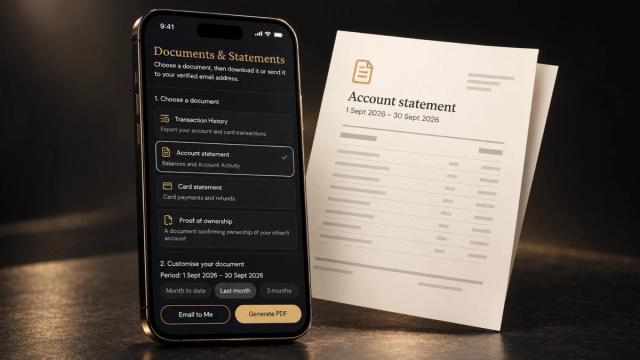 Phone showing the ether.fi Documents & Statements screen next to a printed account statement