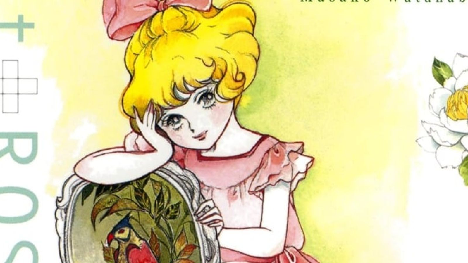 Ilustração de Masako Watanabe para Sei Rosalind, com a protagonista loira de laço rosa sorrindo, apoiada no braço