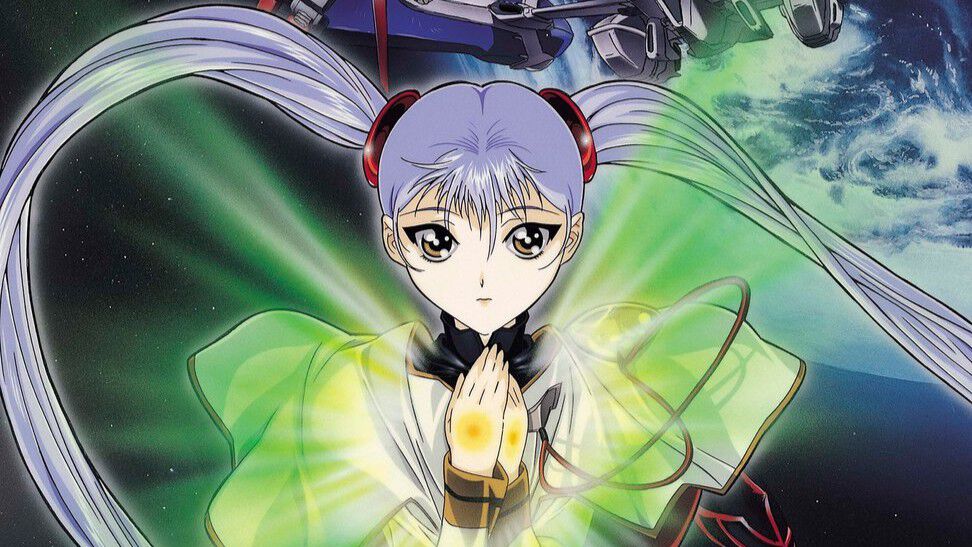 Ruri Hoshino de mãos juntas, envolta por luz verde, na arte de Martian Successor Nadesico: The Prince of Darkness