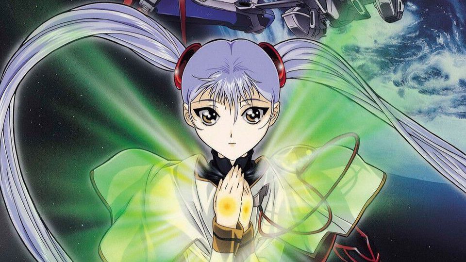 Ruri Hoshino de mãos juntas, envolta por luz verde, na arte de Martian Successor Nadesico: The Prince of Darkness