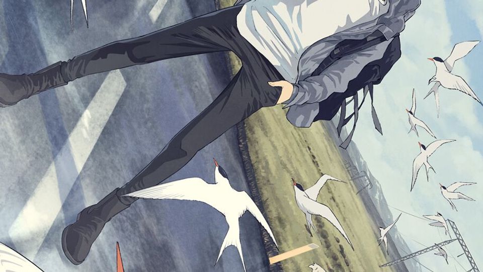 Key visual do anime Hokuhokusei ni Kumo to Ike com Kei Miyama diante da paisagem da Islândia