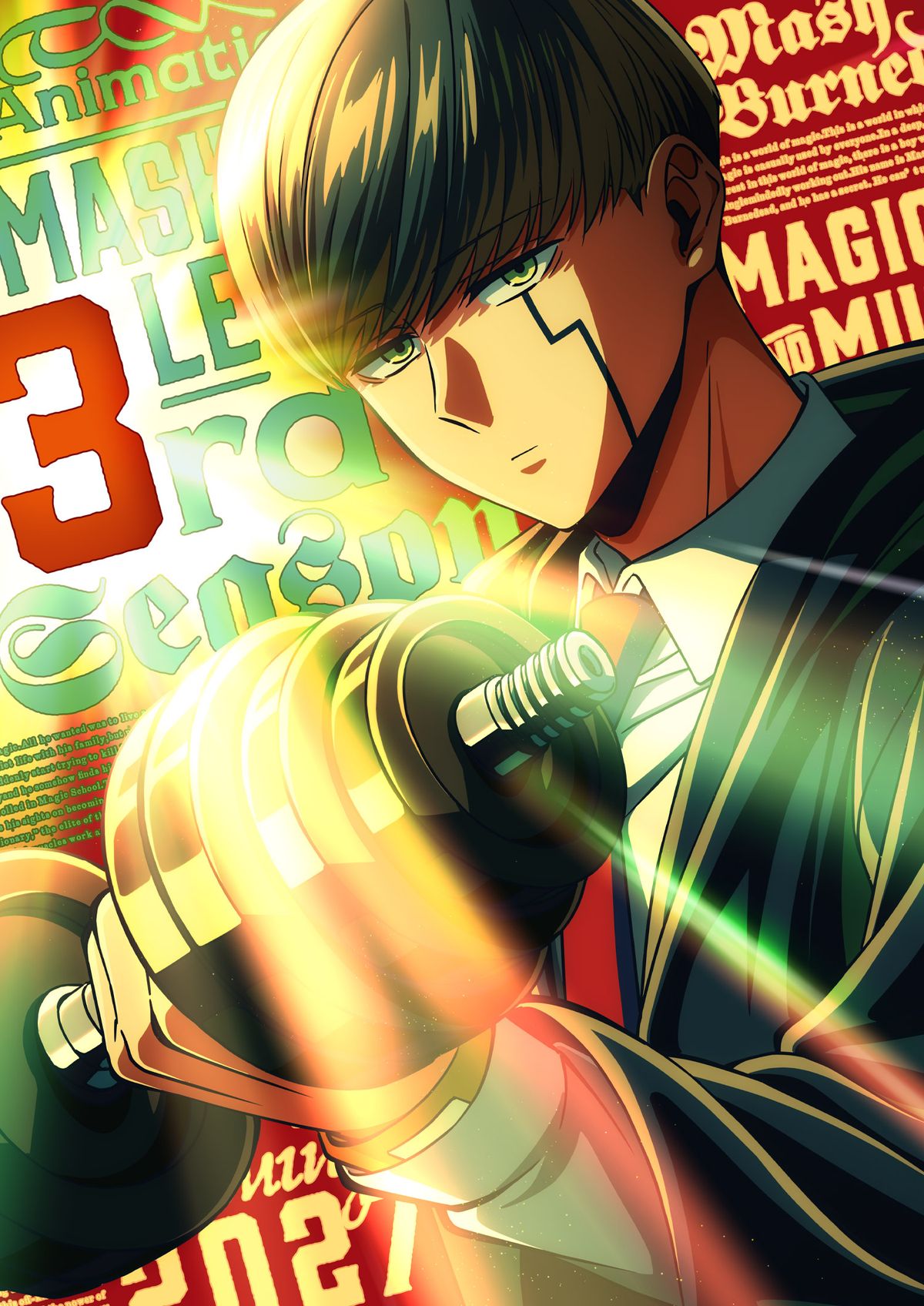Visual da 3ª temporada de Mashle com Mash Burnedead de uniforme escuro, punho cerrado e o número 3 ao fundo