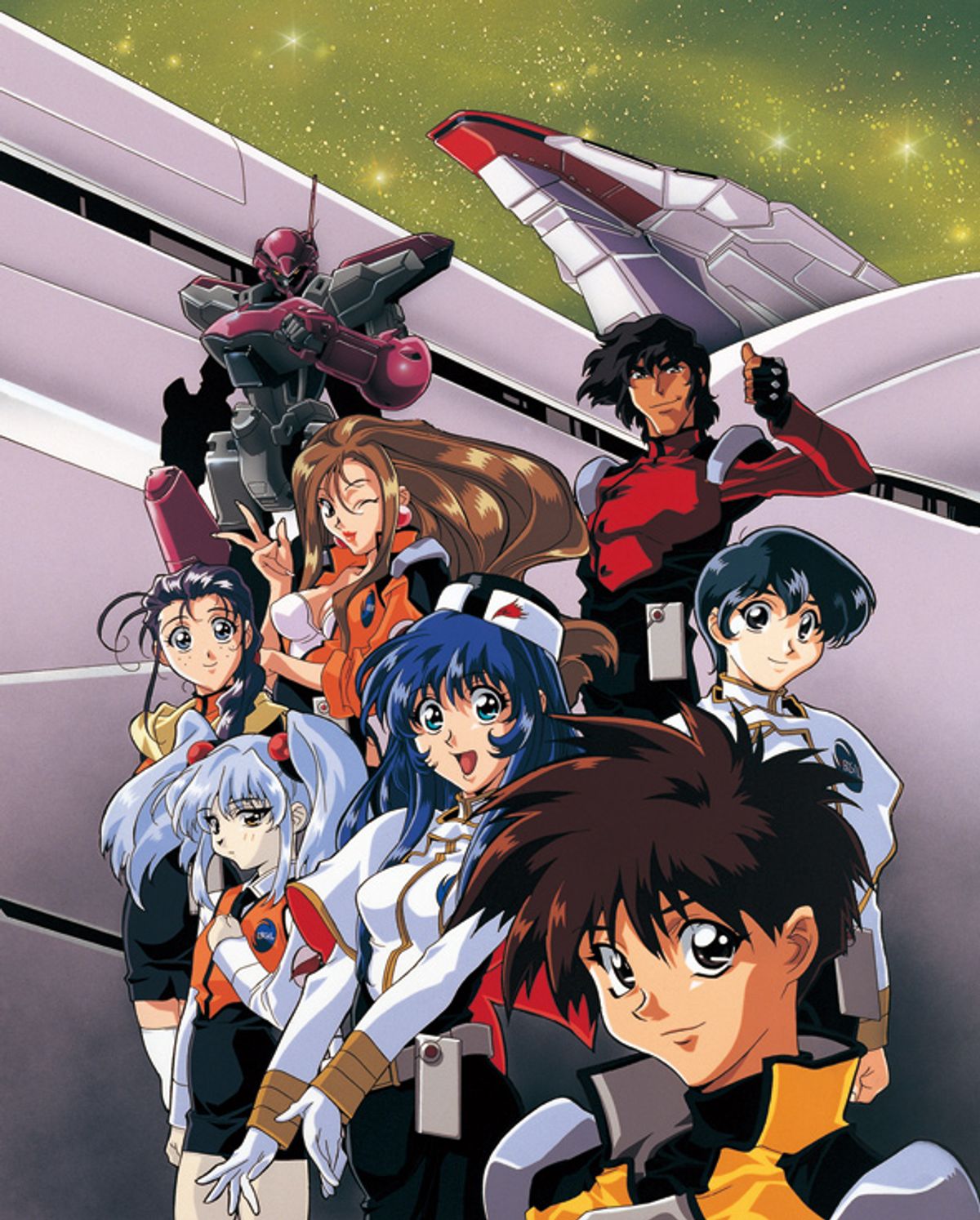 Arte da série de TV Martian Successor Nadesico com a tripulação da nave reunida, incluindo Yurika e Ruri, e um robô ao fundo