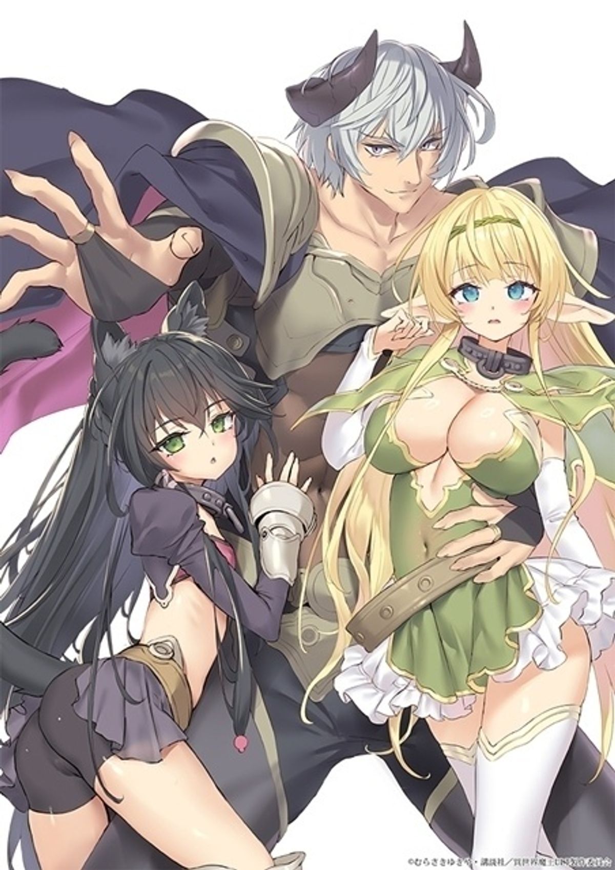 Ilustração de Takahiro Tsurusaki que anunciou a 3ª temporada de How Not to Summon a Demon Lord, com Diablo ao fundo, Rem e Shera à frente
