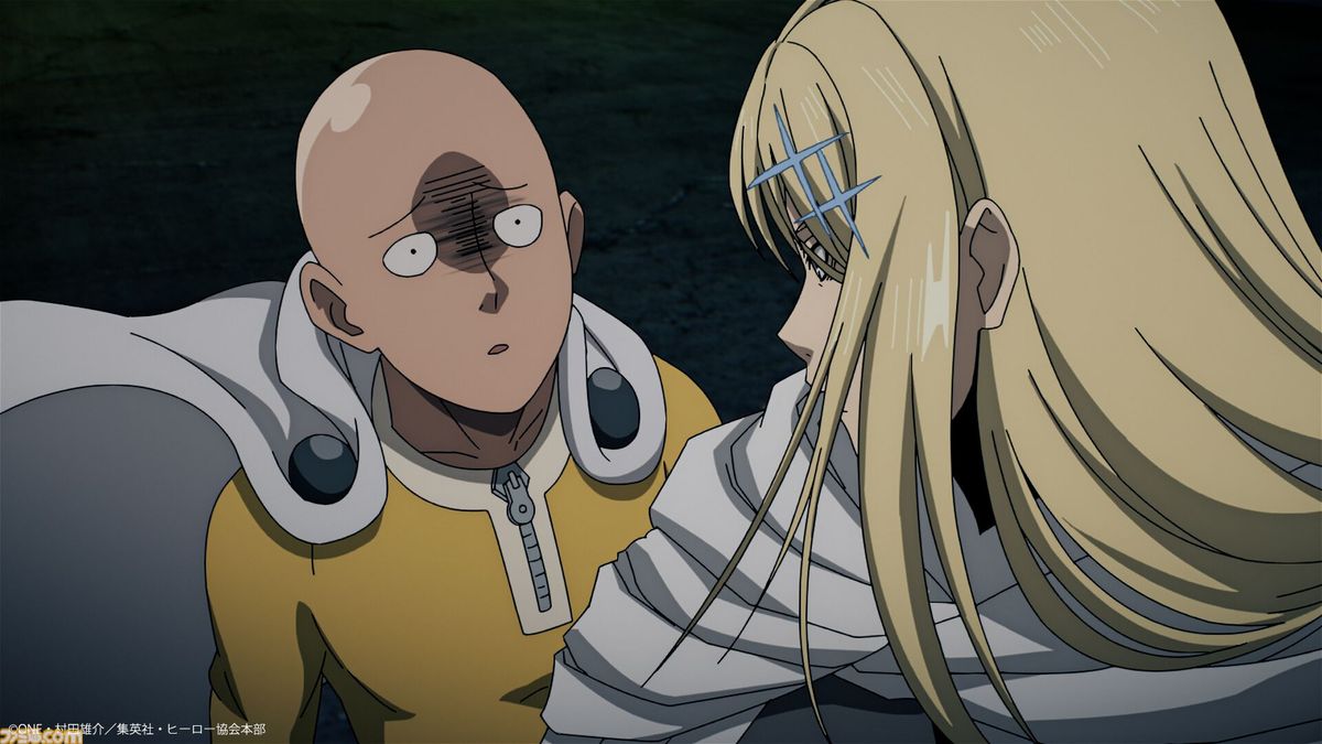 Saitama e Flashy Flash lado a lado em cena divulgada da segunda parte da 3ª temporada de One Punch Man