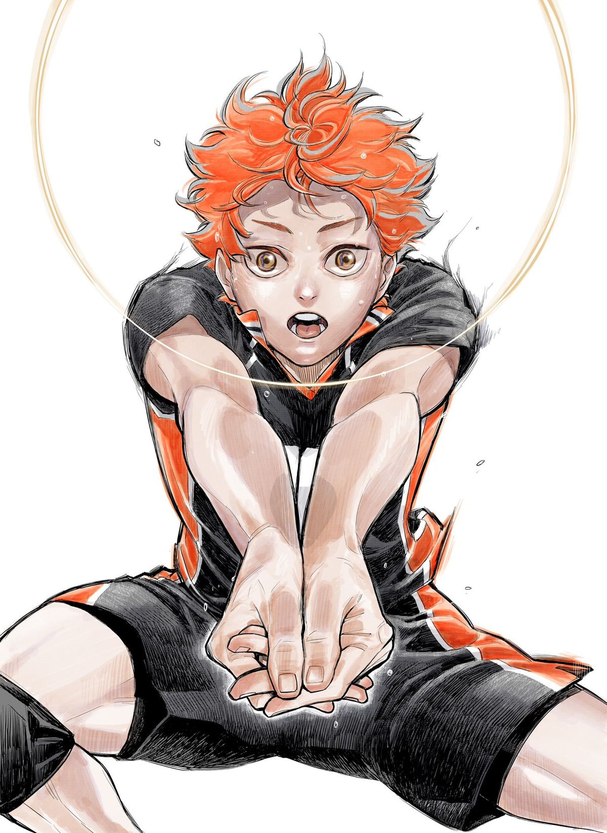 Ilustração inédita de Haruichi Furudate mostrando Hinata Shoyo com o uniforme preto e laranja do Karasuno, agachado e com os braços estendidos para uma recepção
