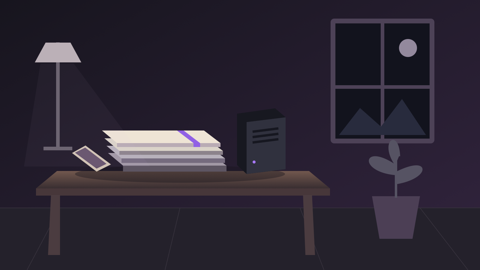 Layered paper folders sit on a desk beside a compact home server, with a violet band marking the uppermost folder.