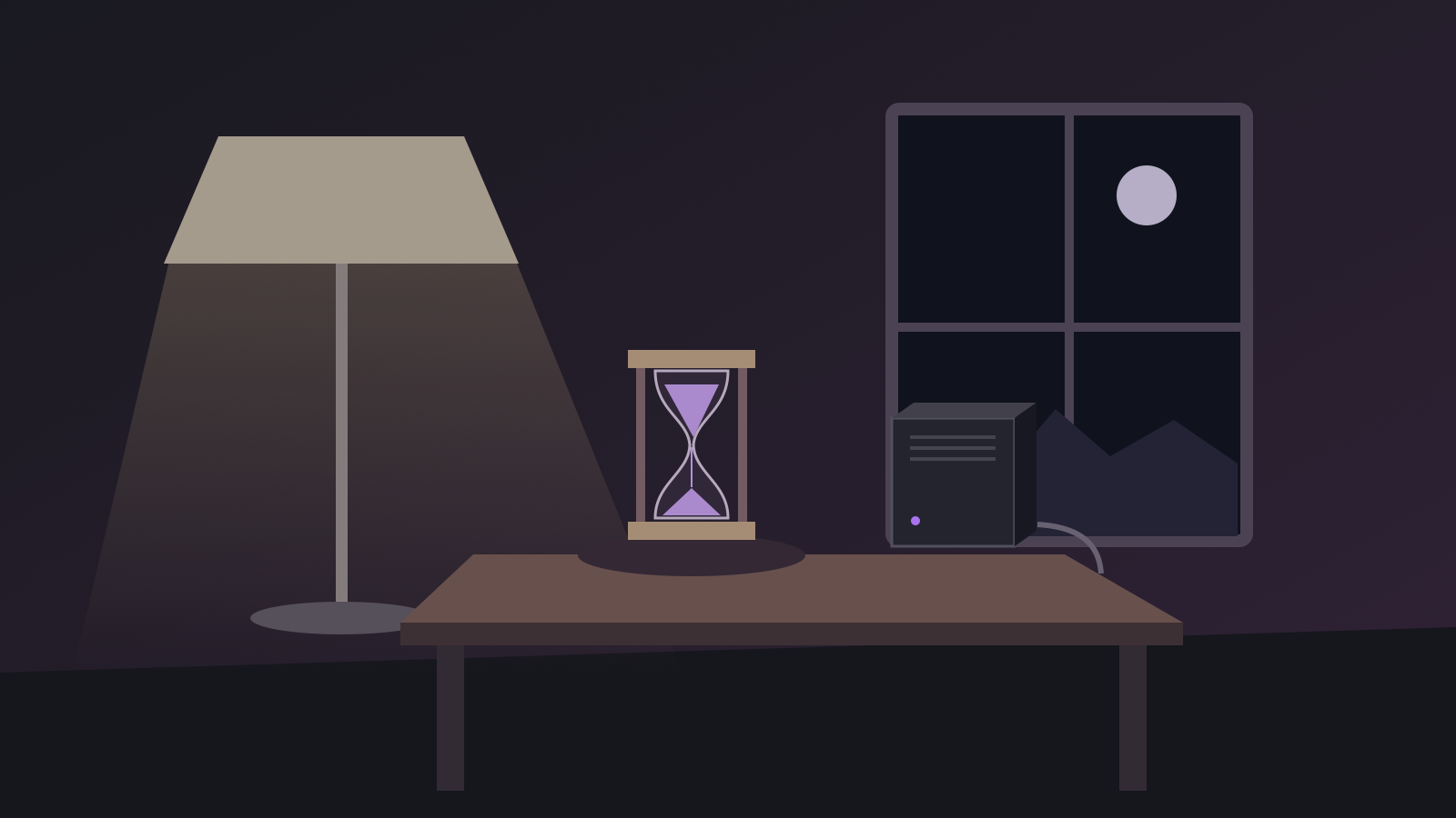 An hourglass with violet sand stands on a table beside a compact home server, with a lamp and night window behind it.