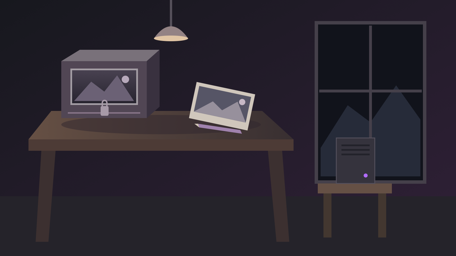 A locked photo archive sits on a desk beside a loose landscape print and pencil, with a compact home server on a nearby stand.
