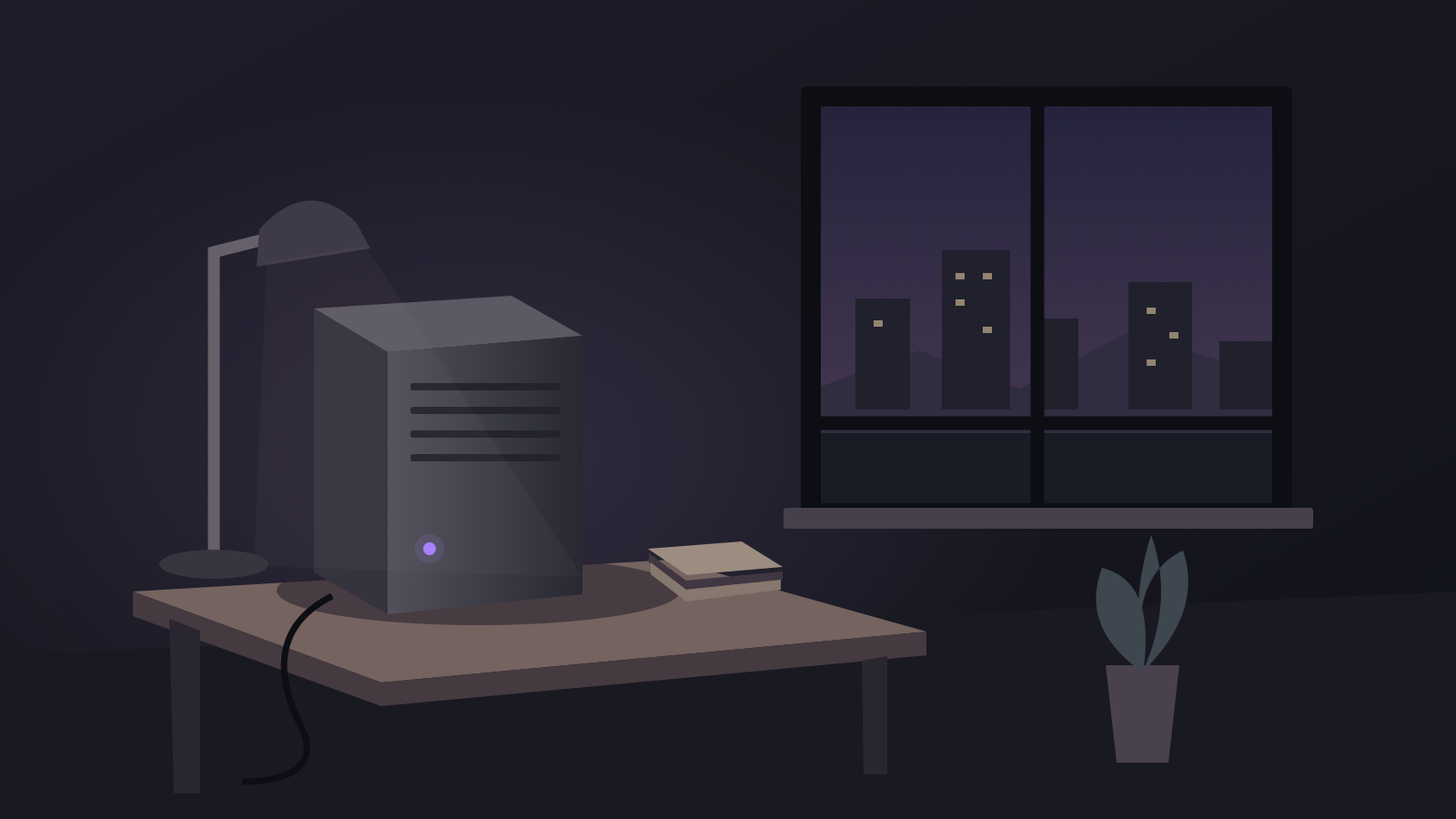 A compact home server sits beneath a desk lamp, while an illuminated city is visible through the room's window.