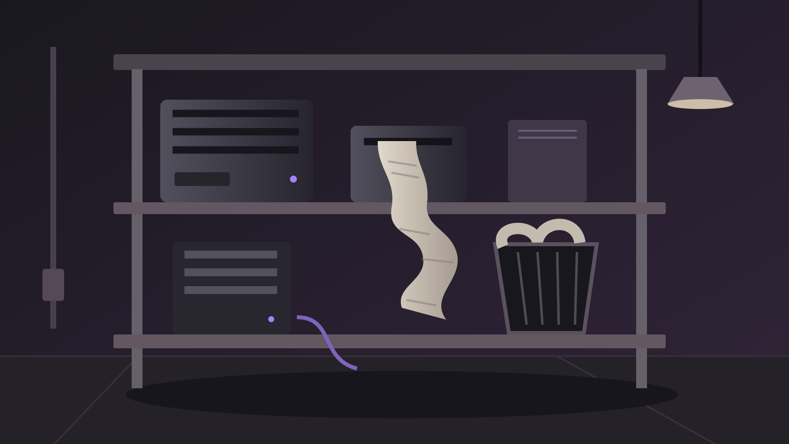 A receipt printer feeds a curling paper strip beside home-server equipment and a wastebasket on a utility-room shelf.