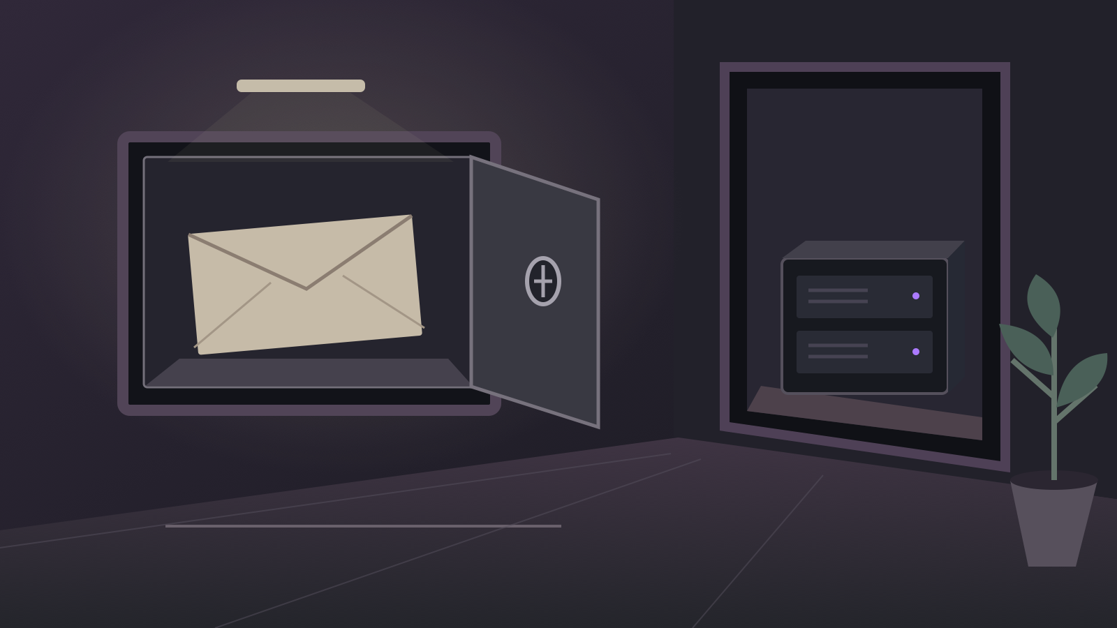 An open wall safe holds a sealed envelope, separate from a home-server cabinet farther along a dark hallway.