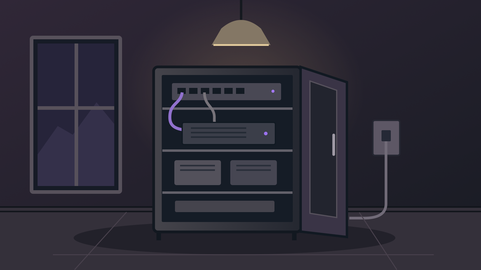 An open network cabinet with a switch, compact servers and restrained violet cabling in a home utility room.