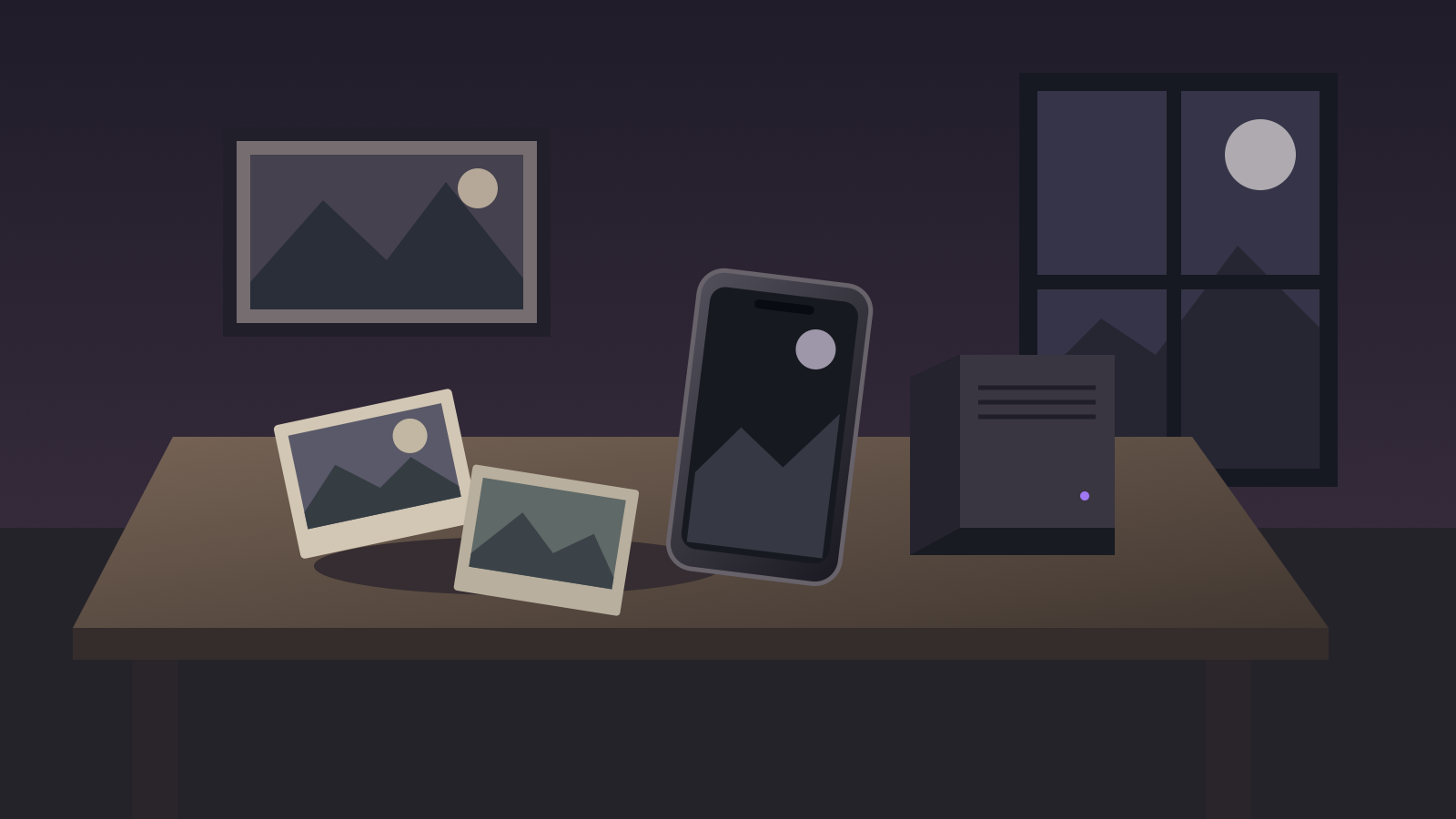 A phone and two photographic prints rest beside a compact home server on a wooden table.
