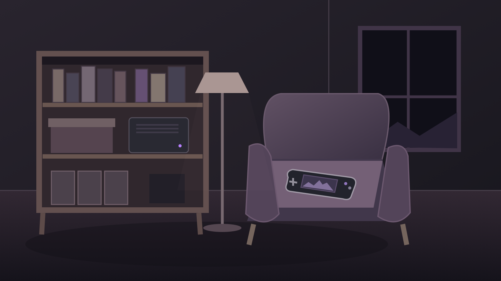 Game cases and a small home server on a shelf beside an empty armchair holding a handheld gaming device.