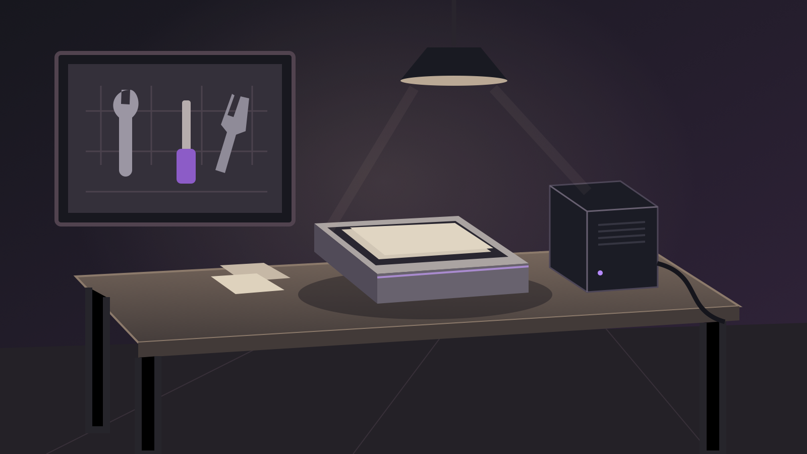 A paper sorting tray and hanging hand tools occupy a workshop bench beside a compact home server.