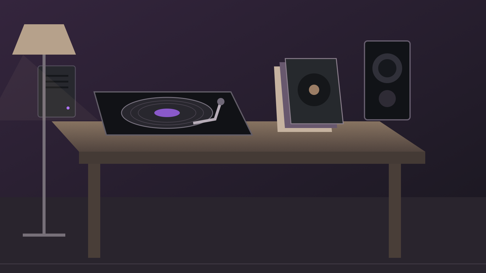 A turntable and record sleeves sit on a wooden table beside a speaker and compact home server in a dark listening room.