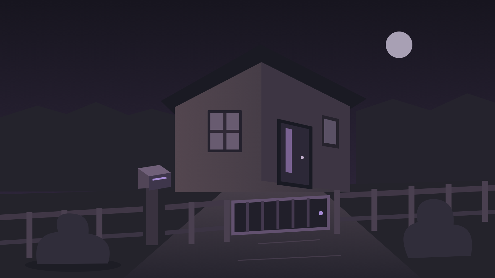 A mailbox stands outside a closed garden gate, with a house and its front door beyond the path at dusk.