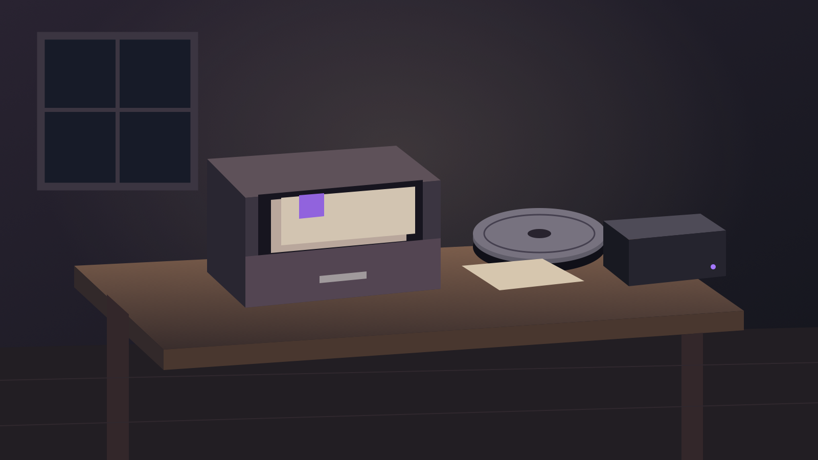 An archive drawer, film canister, blank catalog card and compact storage device share a wooden table beside a dark window.