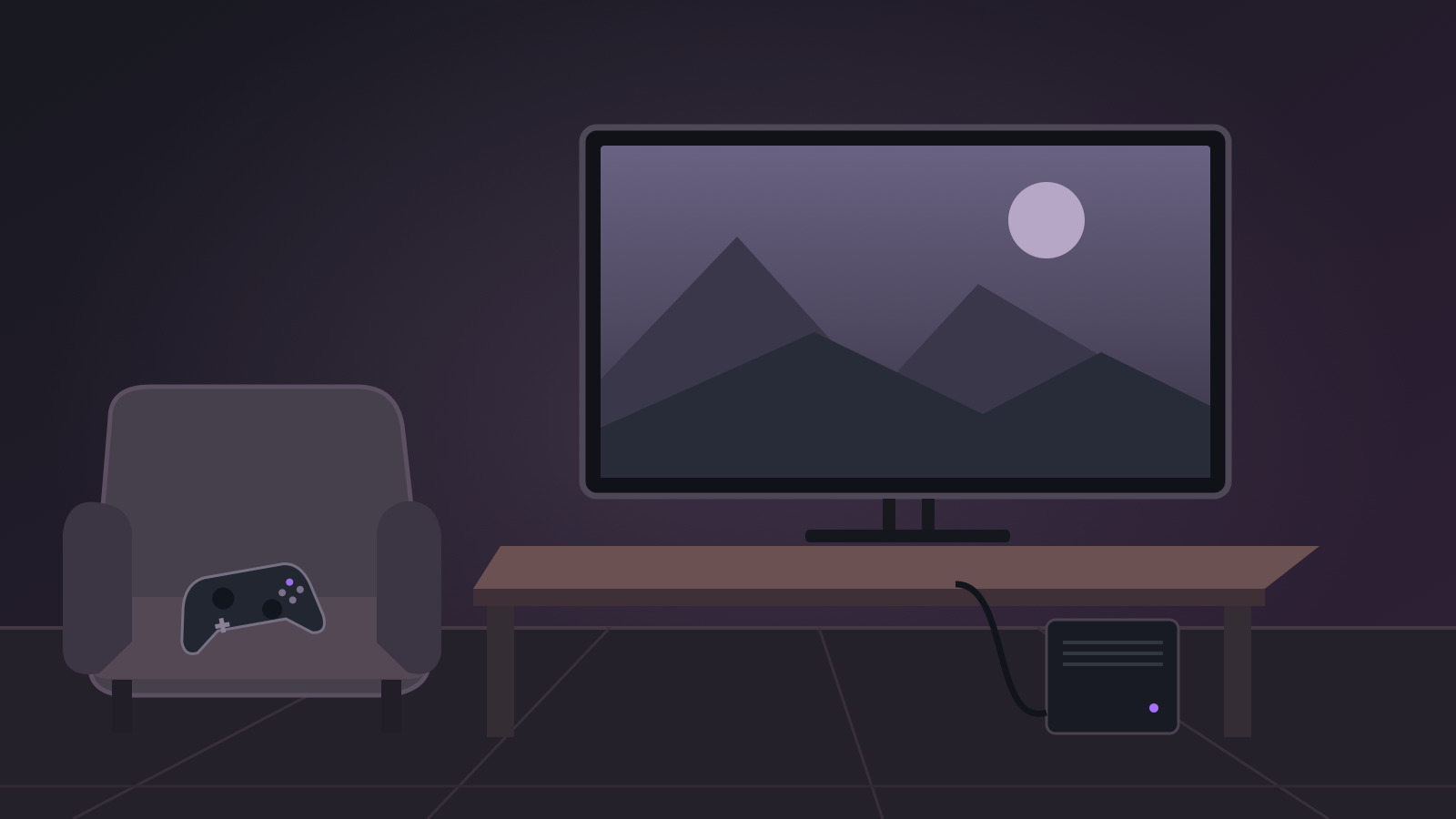 A controller rests on an empty armchair facing a landscape on a large screen, with a small computer connected beneath the desk.