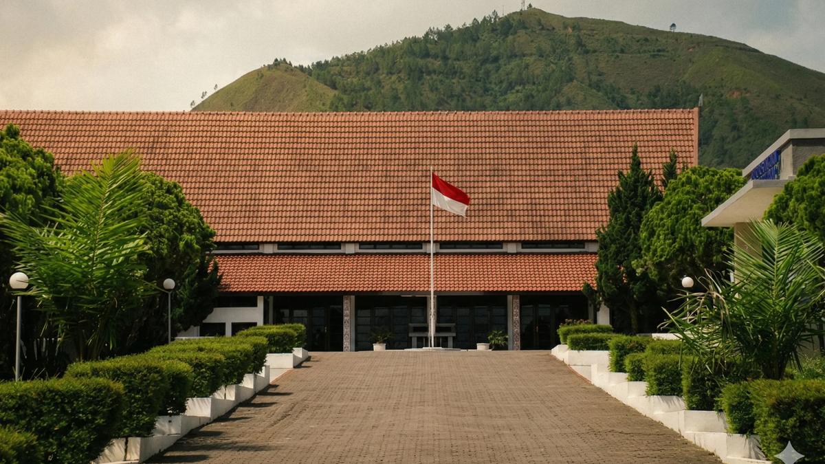 Pemandangan depan gedung aula Yayasan Soposurung dengan latar belakang Dolok Tolong dan langit berawan.